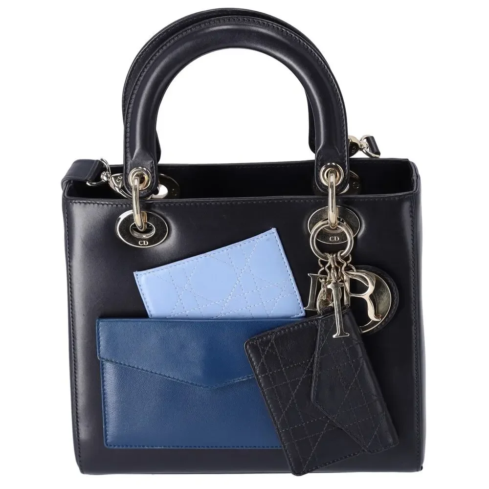 Christian Dior Lady Dior Medium Bag Handbag Black Blue Calf Skin